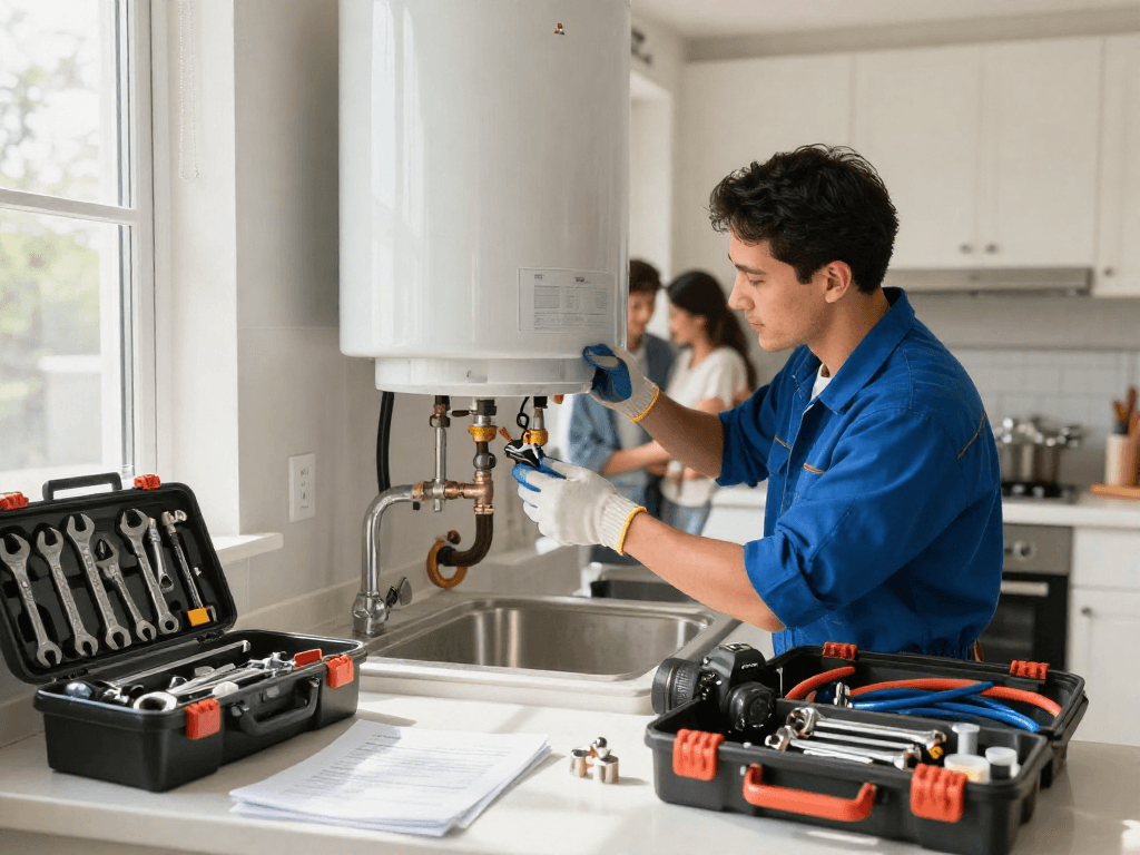 Plumbing repair Fort Worth: Professional plumber replacing residential water heater in modern kitchen setting.