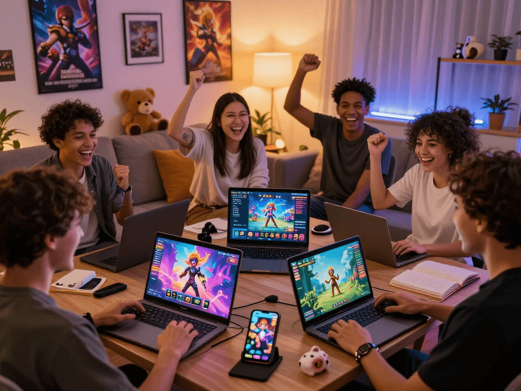Engaged players exploring popular porn games on various devices in a cozy living room