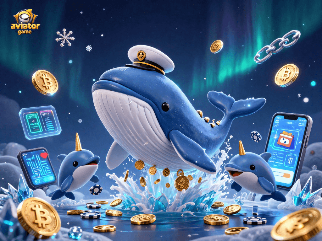 Aviator game illustration featuring a cartoon whale and dolphin amidst coins and crypto elements