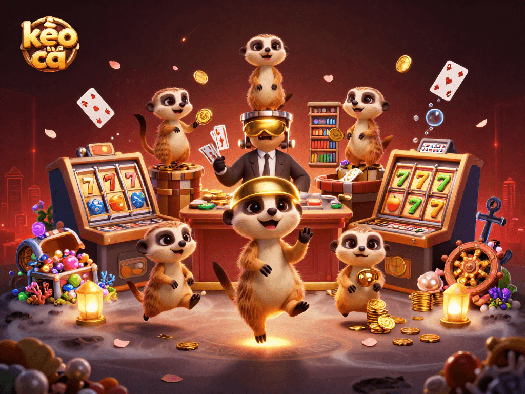 Experience exciting moments at kèo nhà cái with a dynamic meerkat casino illustration filled with vibrant gaming elements.