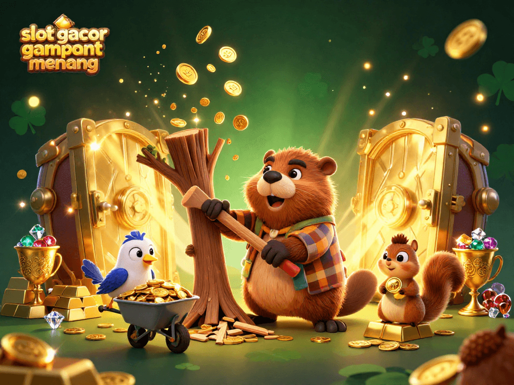 Play to win with slot gacor gampang menang while a beaver collects coins in a vibrant casino scene.