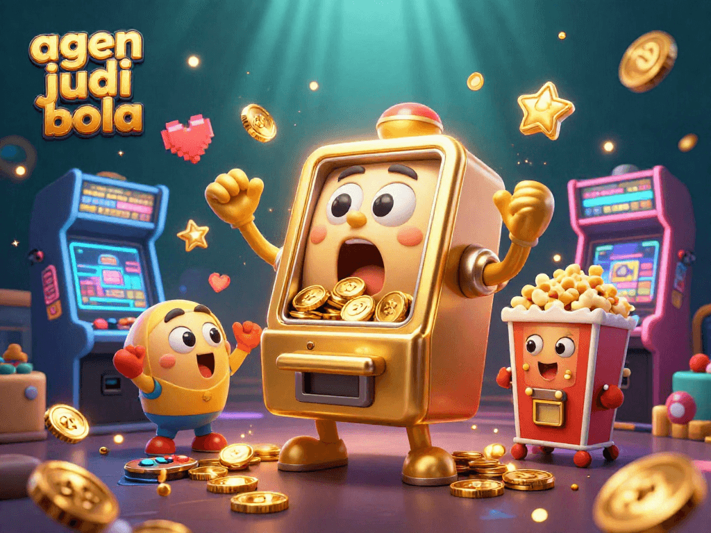Experience the excitement of agen judi bola with a vibrant 3D illustration of winning slot machines and game elements.