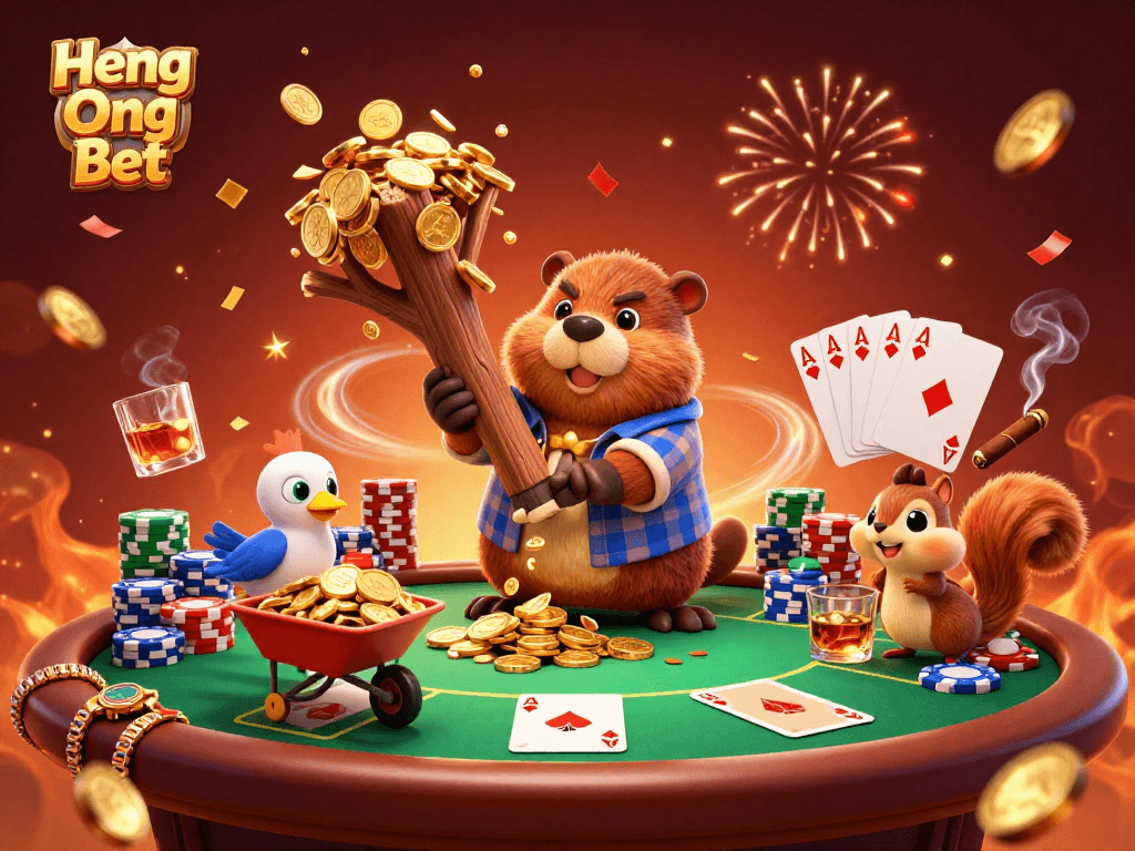 Experience thrilling gameplay with Heng Ong Bet in a colorful casino scene featuring beaver and friends.