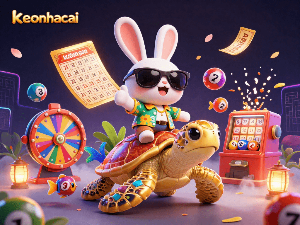 Experience thrilling gaming excitement with keonhacai featuring a cartoon rabbit and golden turtle in a lively casino scene.