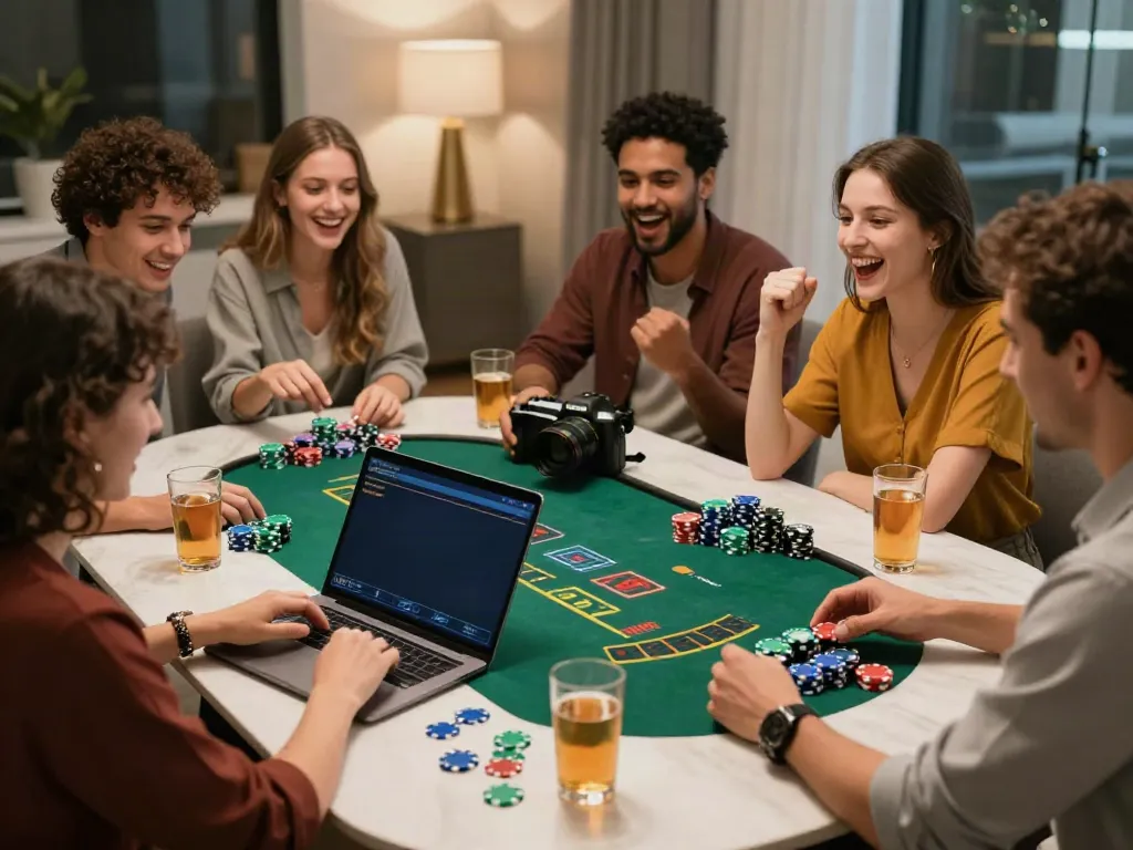 Khung cảnh chơi game trực tuyến với nhóm bạn chơi vvwin sôi động tại bàn ăn hiện đại.