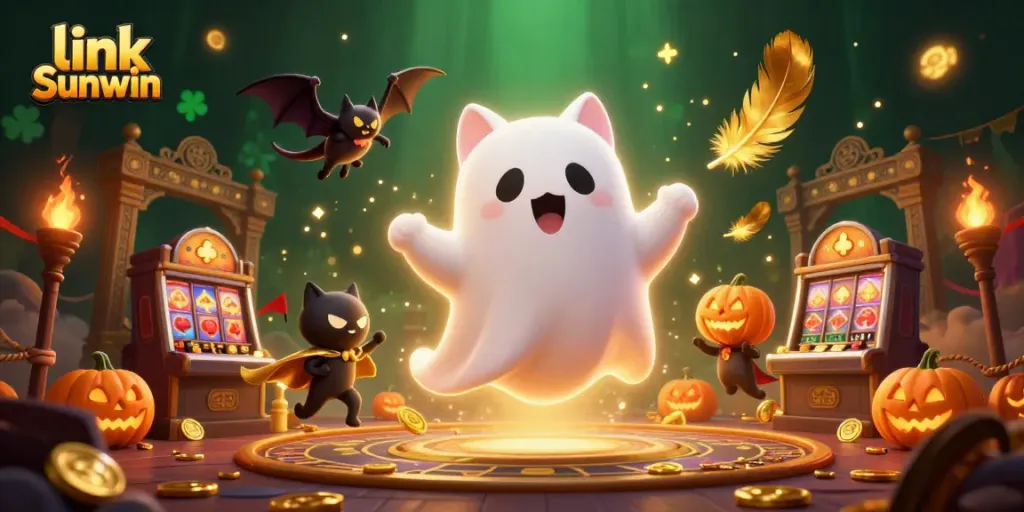 Experience the thrill of gaming with link Sunwin illuminated by friendly ghost cat and glowing poker jack-o-lanterns.