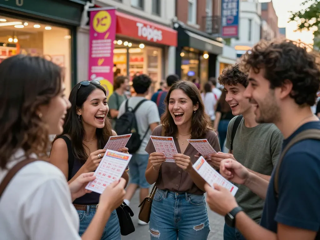 Group of friends discussing harga toto lottery tickets in vibrant city setting.