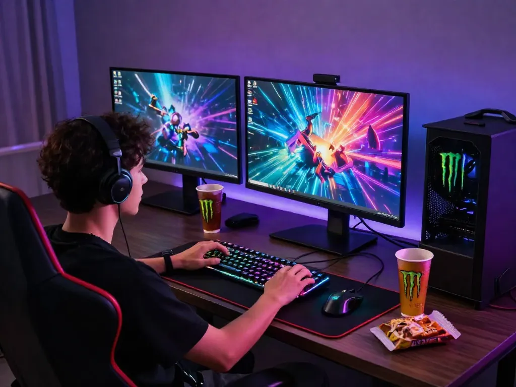 Permainan king128 di rumah dengan perlengkapan gaming modern dan suasana menarik.