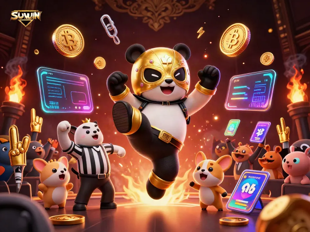 Engage in thrilling gameplay with SUNWIN as a panda wrestler kicks while a referee counts amidst a vibrant crowd.