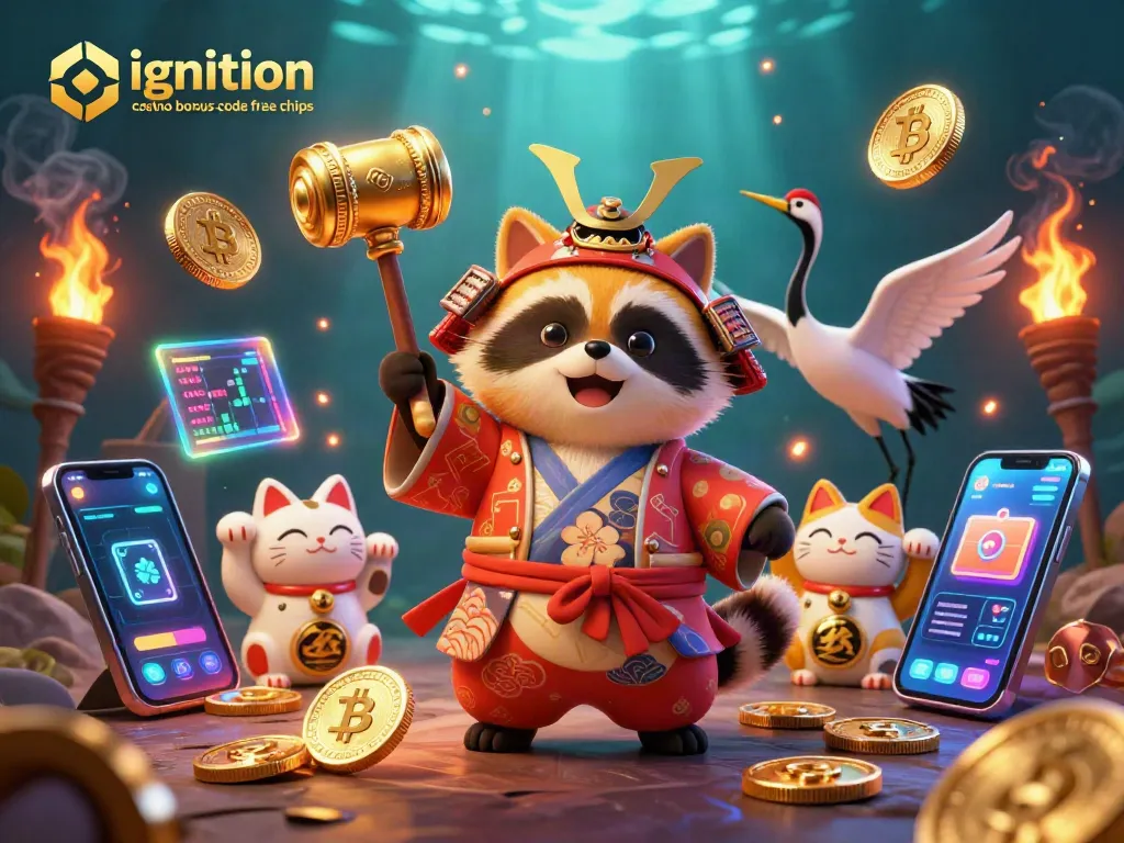 Play with ignition casino bonus code free chips in a vibrant and detailed 3D casino scene featuring lucky characters.