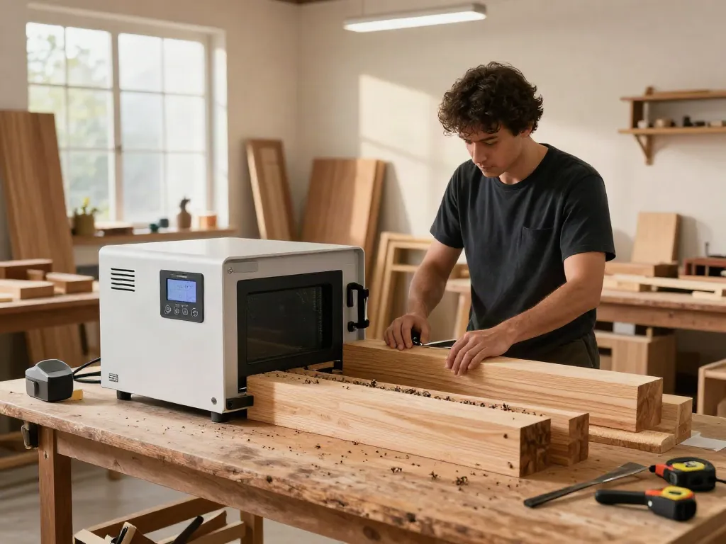 SHASHEL® microwave equipment treating wood, eliminating pests quickly and safely.
