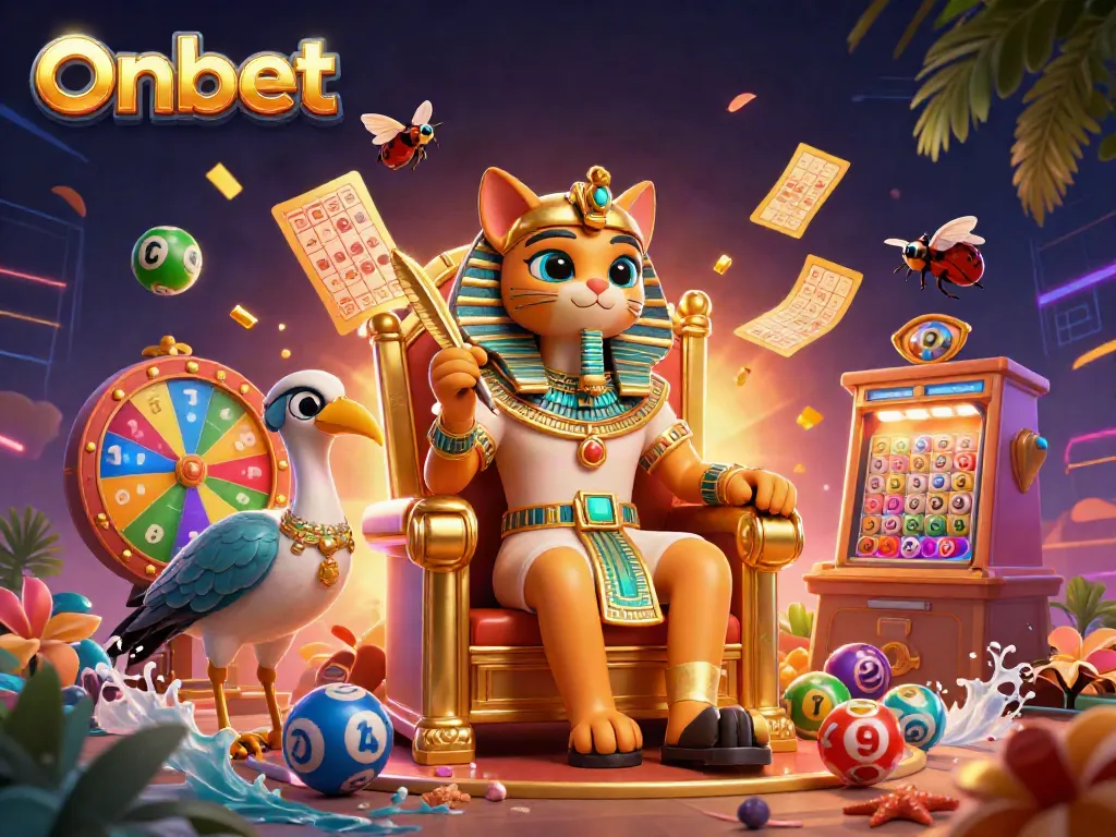Experience thrilling gambling adventures with Onbet's festive illustration featuring a pharaoh cat and exciting lottery elements.