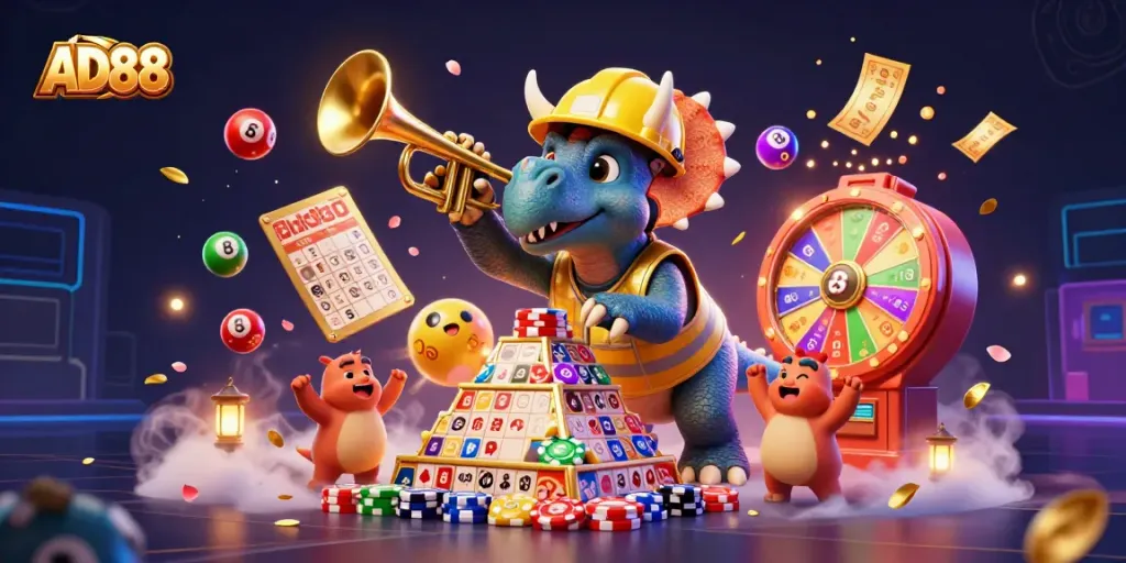 AD88 showcases a vibrant 3D scene of a cartoon dinosaur celebrating with casino elements, illustrating dynamic gaming energy.