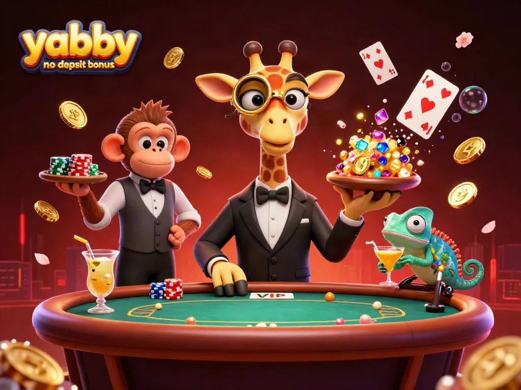 Claim the yabby no deposit bonus with exciting visuals from a vibrant casino scene featuring cartoon characters.