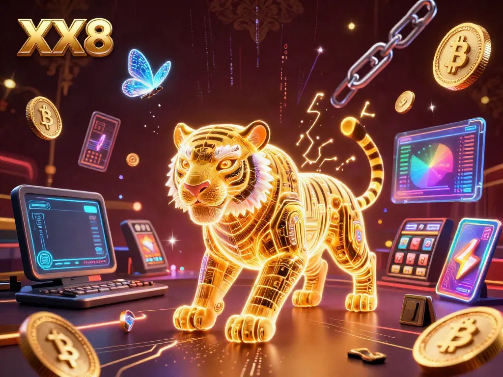 Experience the thrilling XX8 casino adventure with a neon tiger amidst a digital gaming landscape.