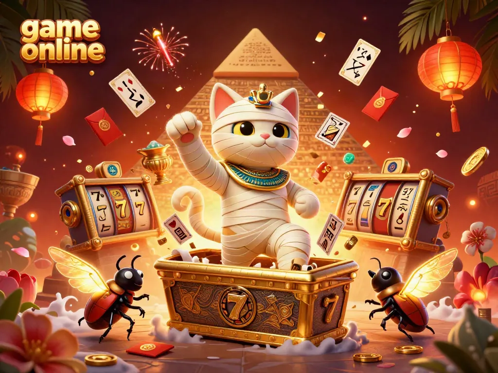 Engage in thrilling game online moments with an Egyptian mummy cat and a scarab beetle in a vibrant pyramid casino scene.