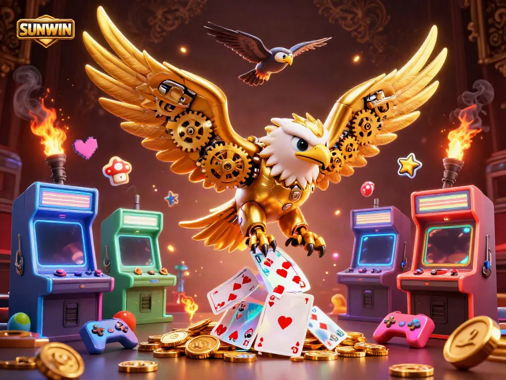Experience thrilling gaming action with SUNWIN's vibrant casino atmosphere, featuring a golden eagle soaring through holographic cards.