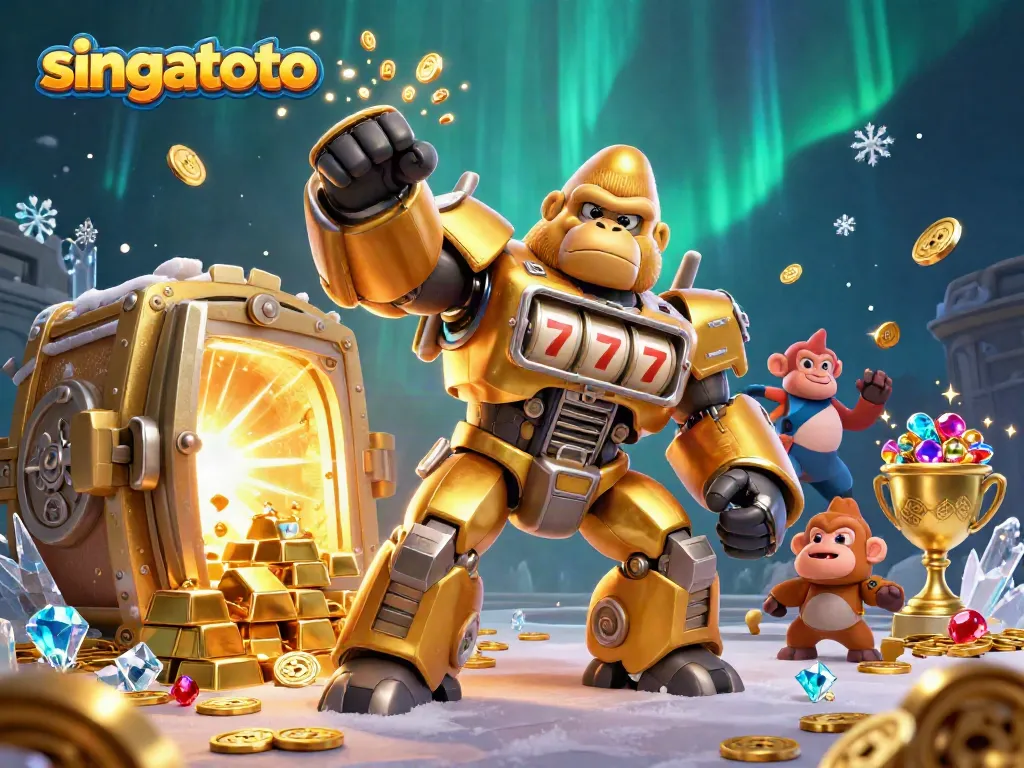 Experience the thrill at singatoto with a vibrant 3D illustration of a golden gorilla mech in an underwater casino.