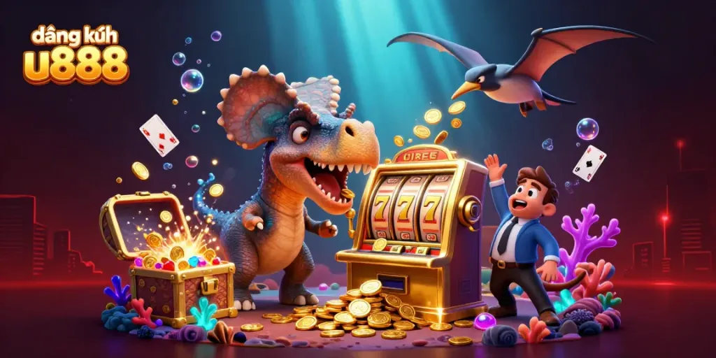 Experience the thrill of đăng ký u888 at this colorful casino scene with dynamic characters and jackpot excitement.