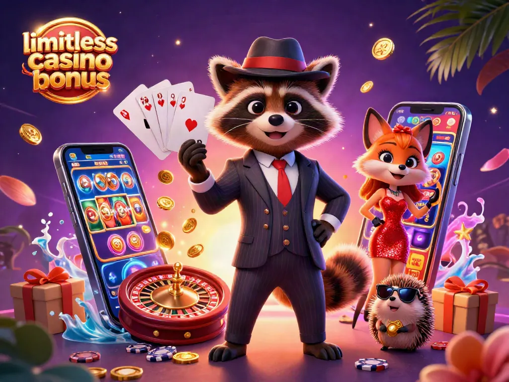 Experience the thrill of limitless casino bonus amidst vibrant slot games and charming characters.
