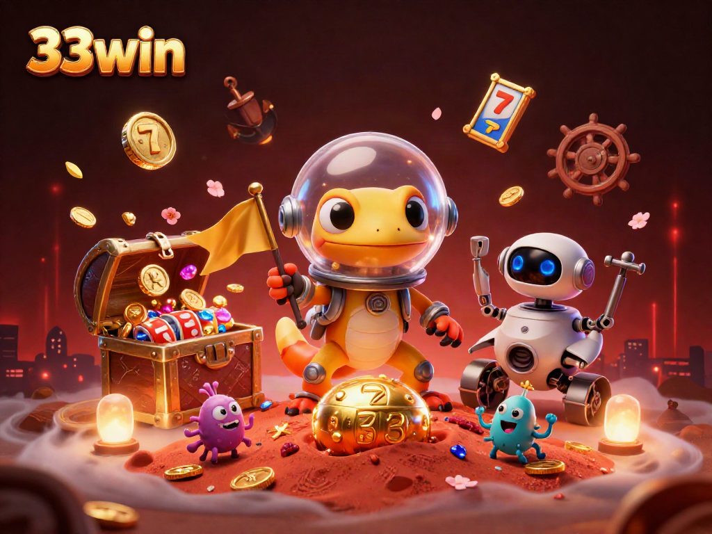 Experience exciting slots at 33win's golden casino on Mars with vibrant 3D elements.