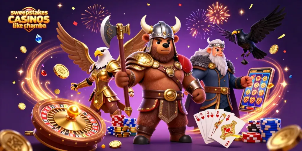 Engage with sweepstakes casinos like Chumba, featuring vibrant characters and dynamic casino elements.