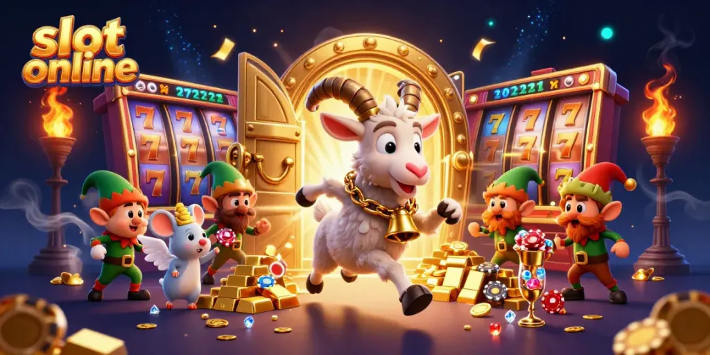 Experience slot online excitement in a festive casino scene filled with 3D characters and treasure.