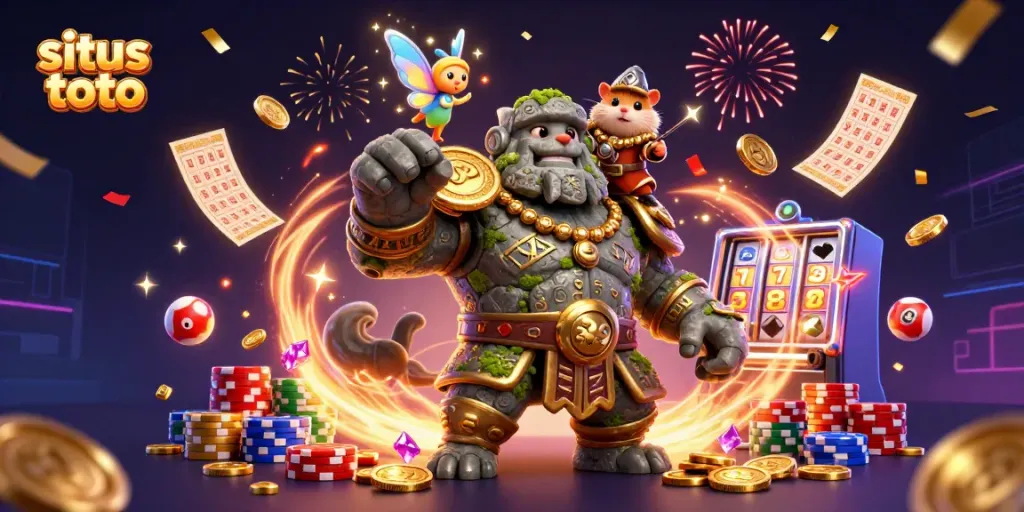 Experience the thrill of winning with situs toto, featuring characters and lottery elements in a vibrant scene.