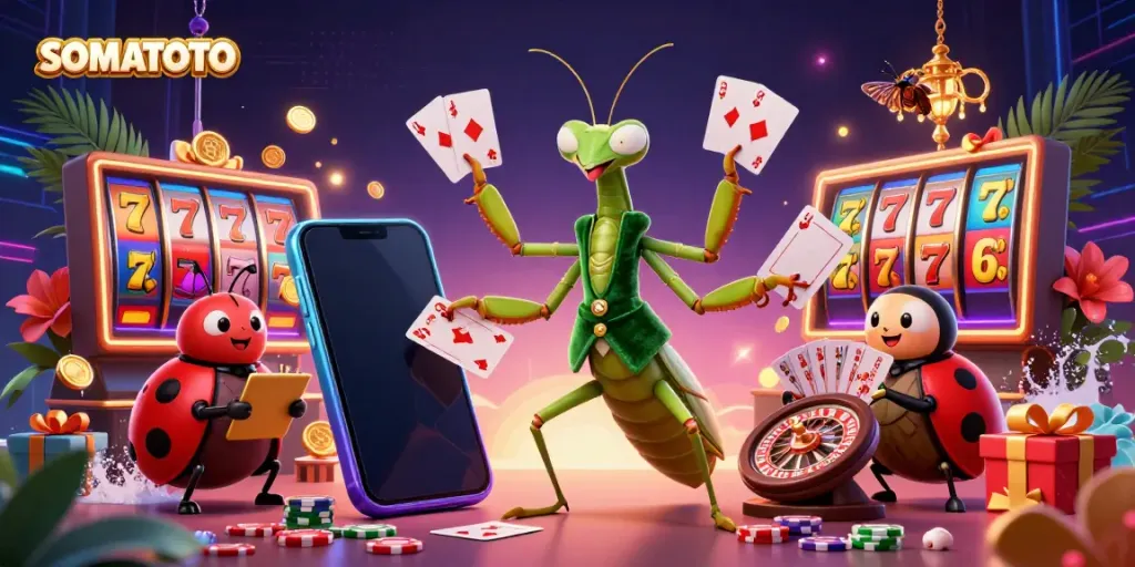 SOMATOTO showcases a vibrant casino scene with a praying mantis card sharp, ladybug pit boss, and dynamic slot game elements, creating excitement.