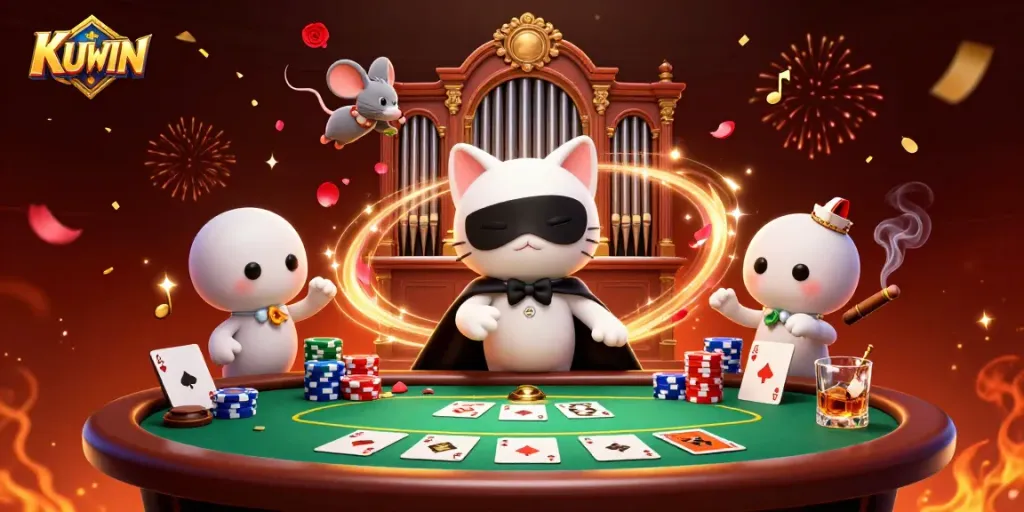 Engage in thrilling gaming experiences at KUWIN with vibrant casino elements and animated characters.
