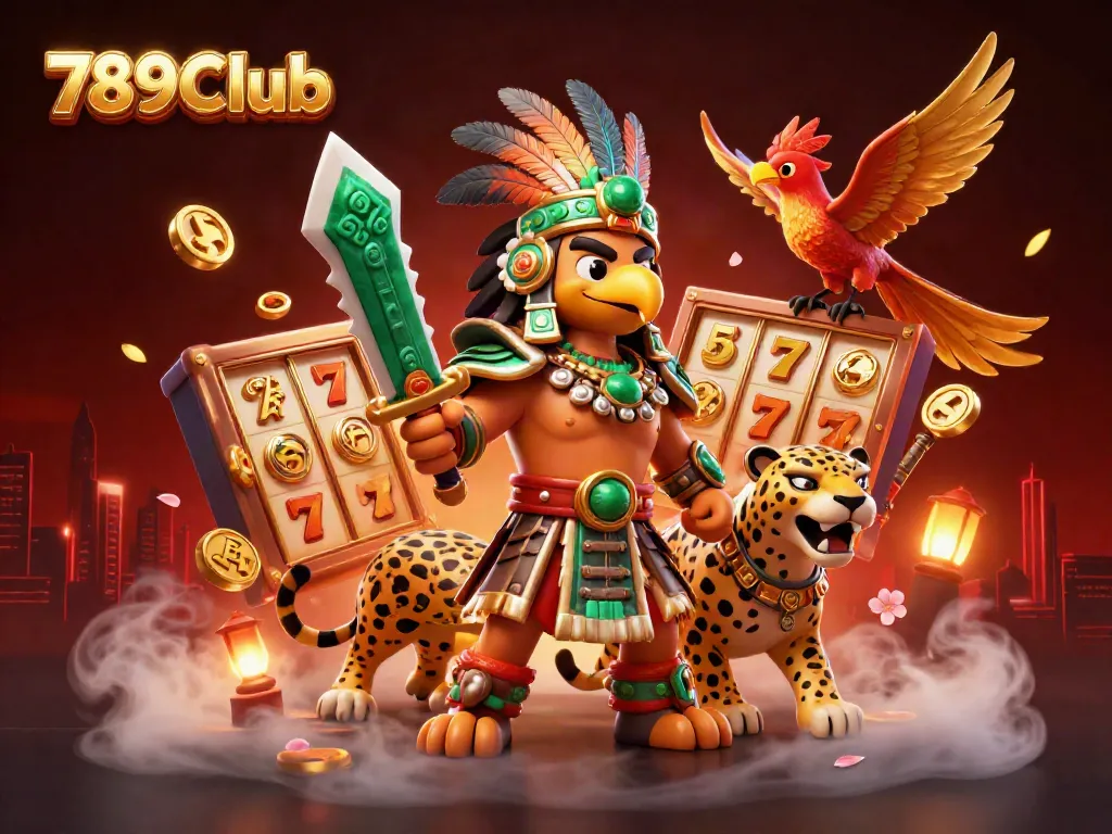 Experience excitement with 789Club showcasing vibrant slot reels and Aztec warriors.