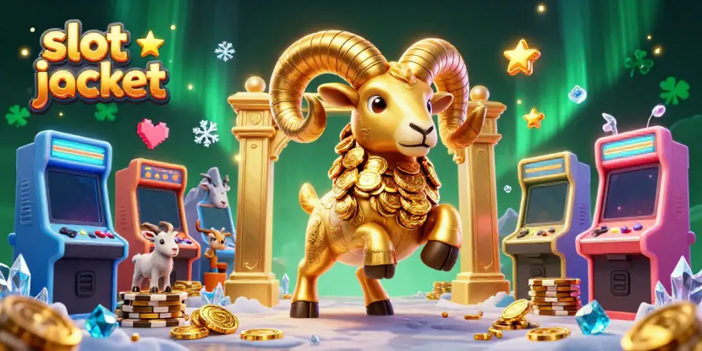 Ram emas dengan tumpukan koin, menghadapi gerbang jackpot slot dengan simbol berkilauan di sekitarnya.