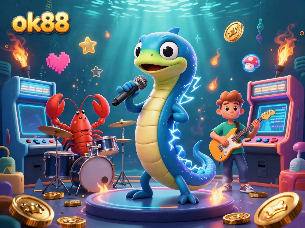 Engage in vibrant slot gameplay at the underwater casino with ok88, featuring exciting characters and bright arcade elements.