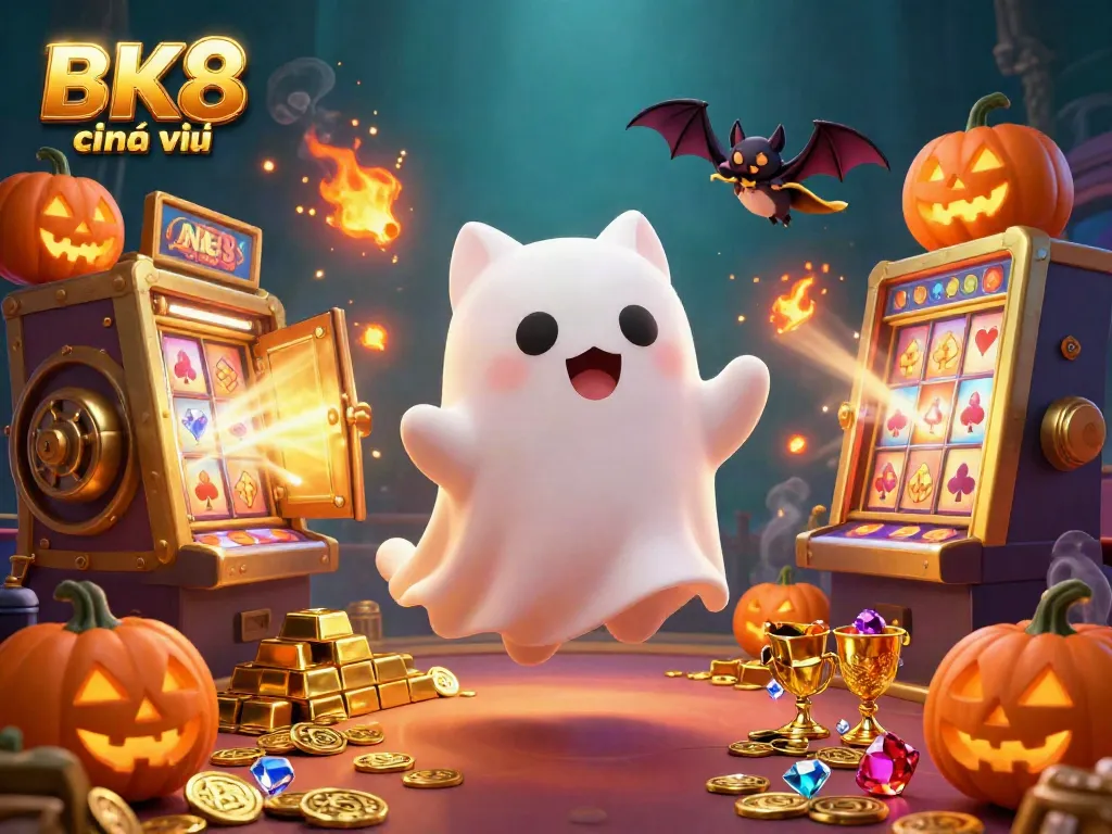 Experience BK8 chính thức with a vibrant casino scene featuring a ghost cat, bat, and glowing treasures.