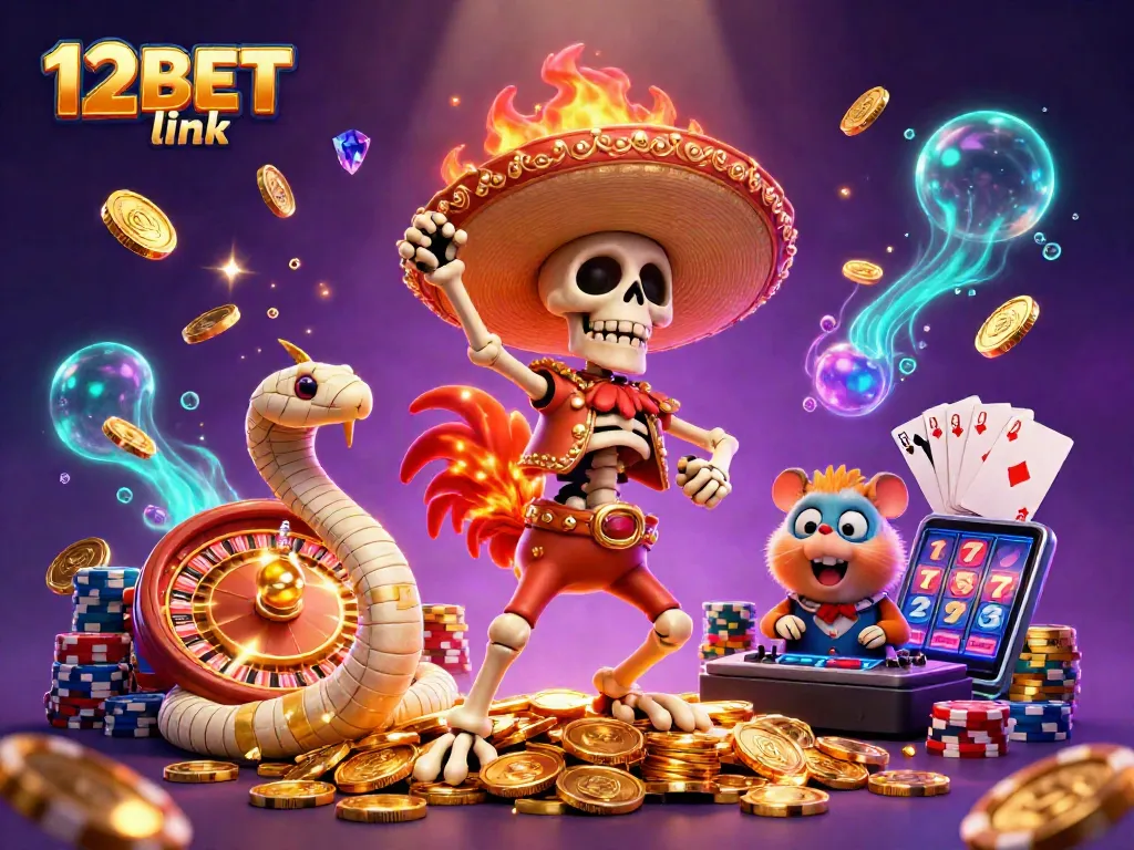 Experience the excitement with the 12BET link showcasing a dynamic casino scene featuring a mariachi rooster, mummy snake, and DJ hamster.