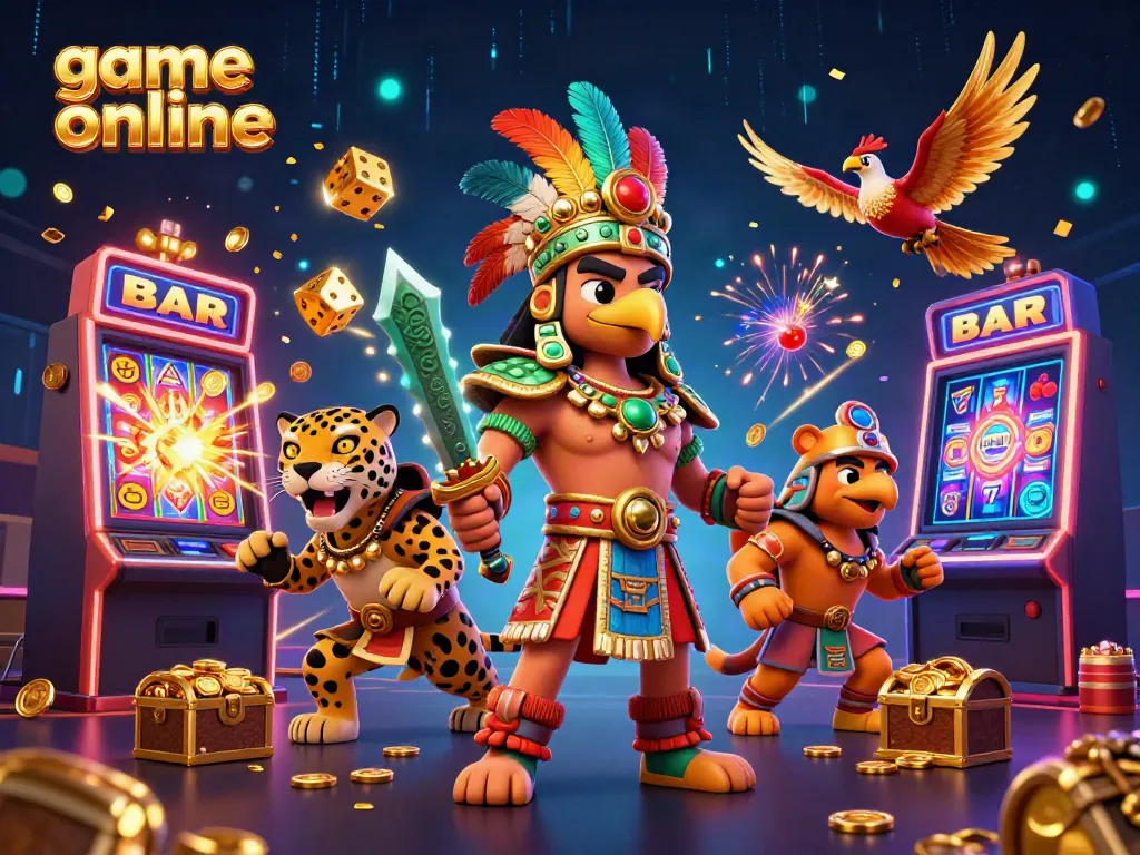 Experience thrilling game online action with an Aztec warrior amidst a lively casino scene.