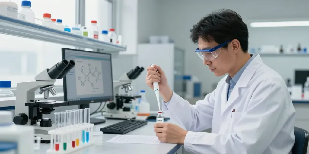 Scientist analyzing high purity sermorelin sample in a modern laboratory setting.
