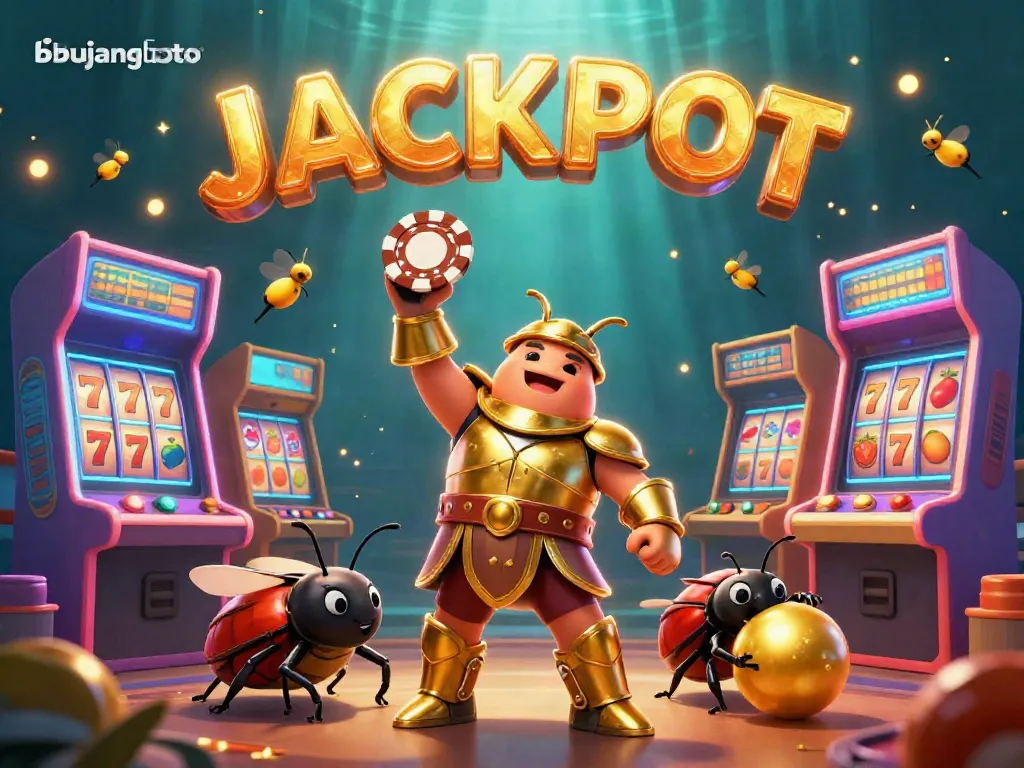 Engage in thrilling gameplay with bujangtoto as a cartoon beetle hero lifts a poker chip in a vibrant casino scene.