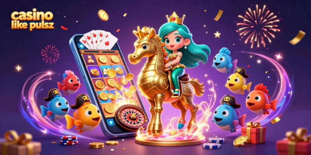 Experience excitement at a casino like pulsz with vibrant games, gold coins, and animated characters.