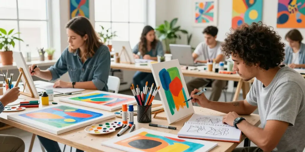 Markers wholesale displayed in a creative art studio, showcasing collaborative projects and vibrant colors.