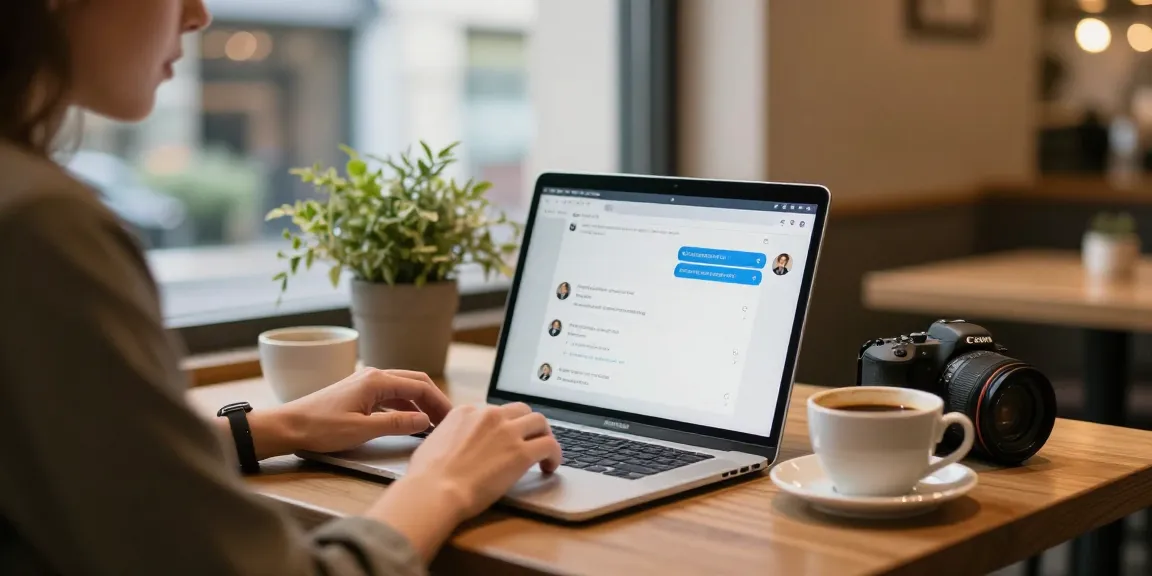 Engaging in a 1v1 chat in a cozy digital café setting with a laptop and coffee.