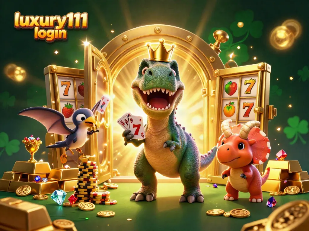 Engage in winnings with luxury111 login, featuring fun T-Rex and triceratops in a dynamic casino scene.
