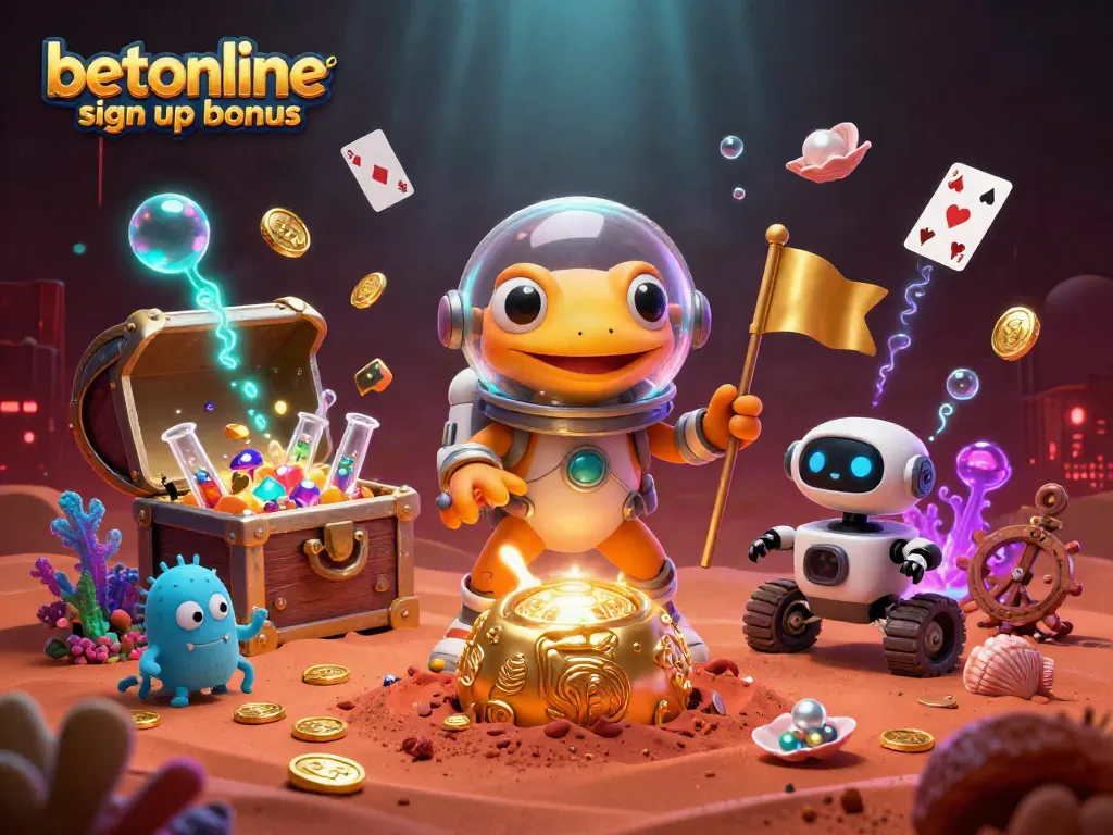 Players explore the BetOnline sign up bonus with Martian characters in a vibrant casino scene.