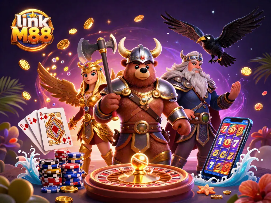 Join the excitement with link M88, featuring golden coins, epic characters, and exhilarating casino elements.