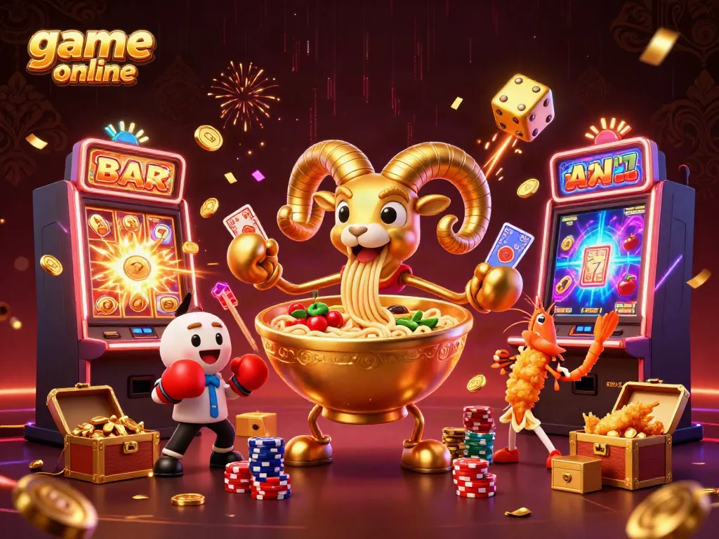 Engage in game online thrills with an illustration featuring a giant ramen bowl dealer, lively game elements, and slot machines.