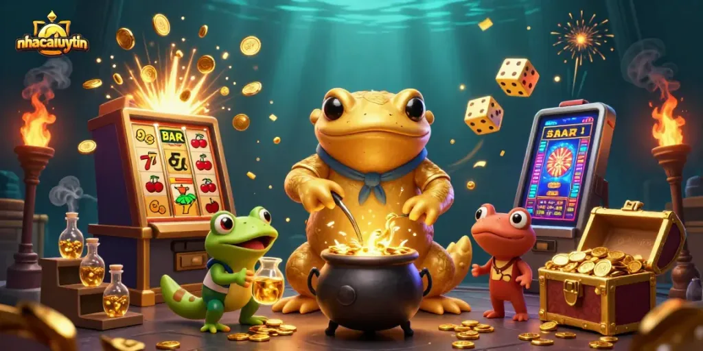 Win big with nhacaiuytin at the magical 3D casino, featuring golden rewards and colorful game elements.