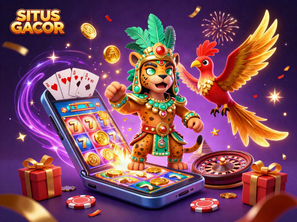 SITU GACOR offers immersive gaming with vibrant slot reels and energetic visuals in this captivating 3D scene.