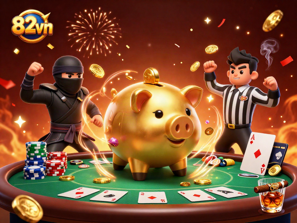 Experience thrilling action at 82vn with a piggy bank sumo clash amidst poker chaos.