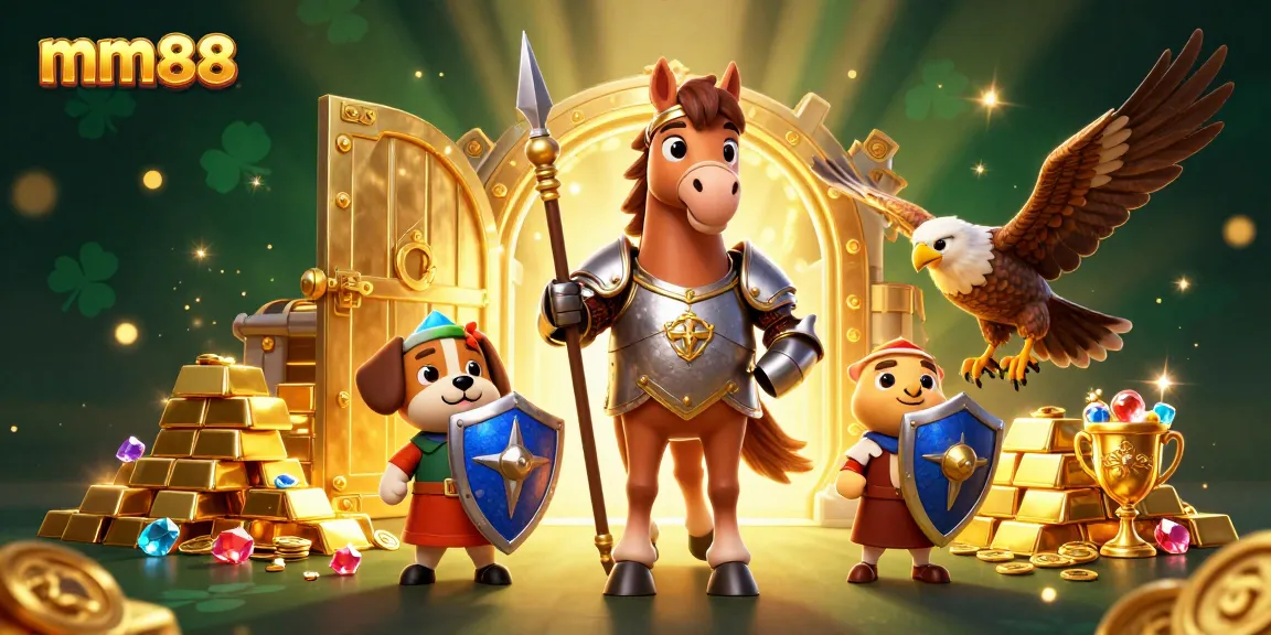 Engage in thrilling gaming with mm88, featuring knights and treasures in a dynamic casino scene.