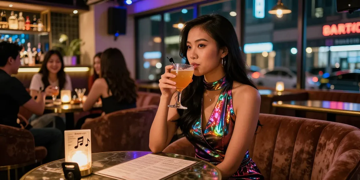 Một buổi tối thành phố sôi động với gái gọi trong quán bar hiện đại, ánh đèn neon tỏa sáng.